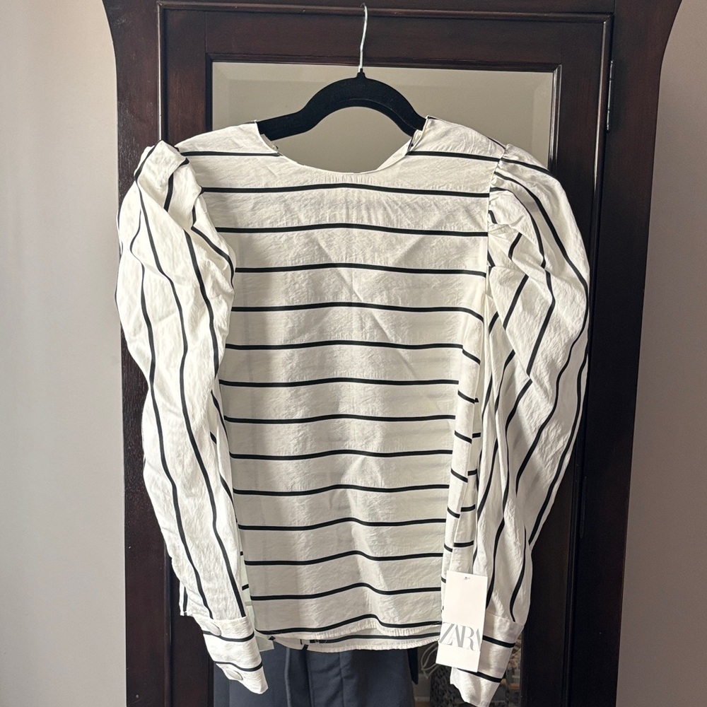Zara White Top with Black Stripes and Puff Sleeves